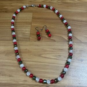 Elegant Red and Green Beaded Necklace and Earring Set